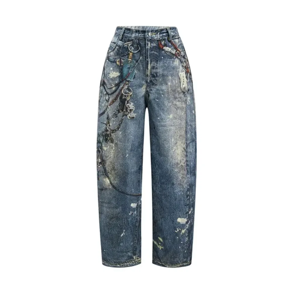 Micas Printed Distressed Denim Effect Wide Leg Trousers 0XL NWT Streetwear